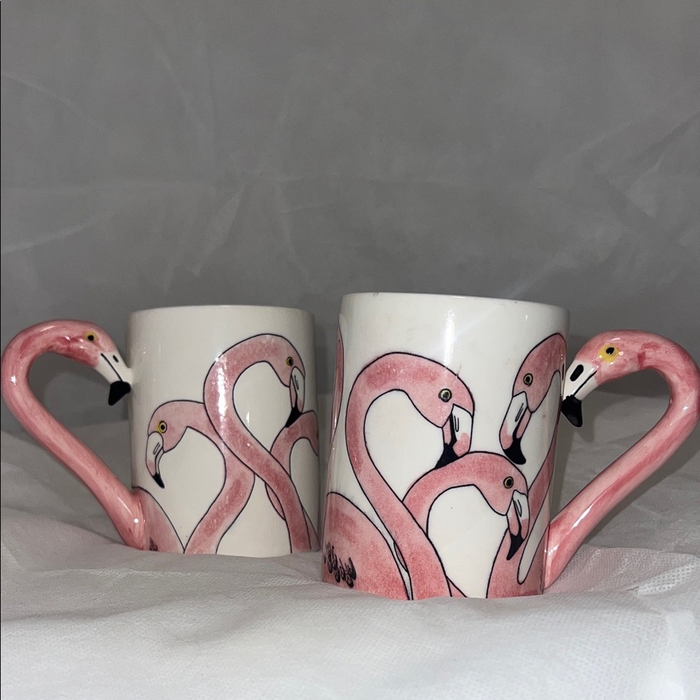 Vintage painted flamingo mug set